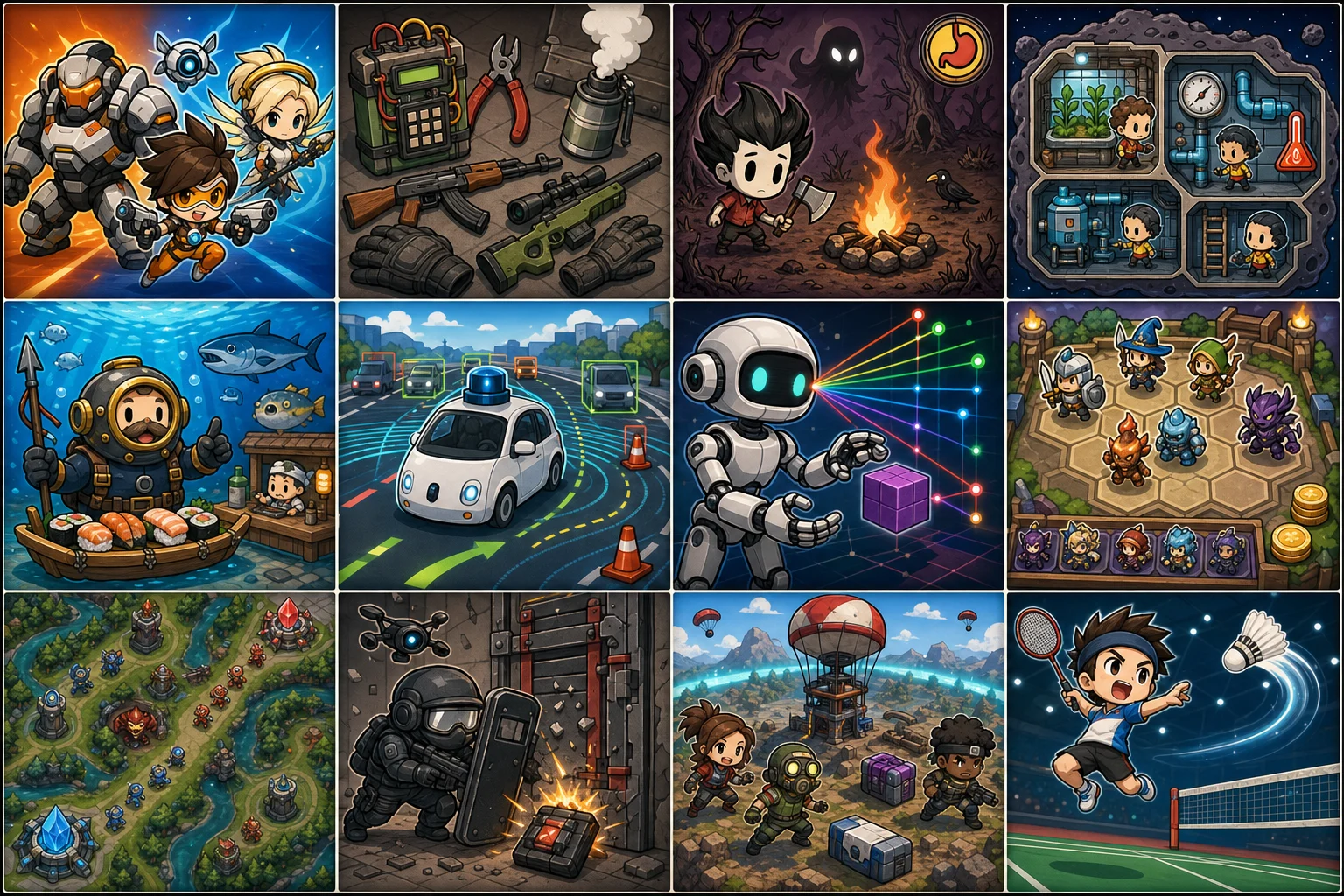 Q version sticker sheet showing twelve elements: Overwatch 2 hero shooter, CS2 defusal, Don't Starve camp, Oxygen Not Included colony, Dave the Diver, autonomous driving, embodied robot, Teamfight Tactics board, League of Legends lanes, Rainbow Six Siege breach, Apex Legends drop zone, and badminton smash.